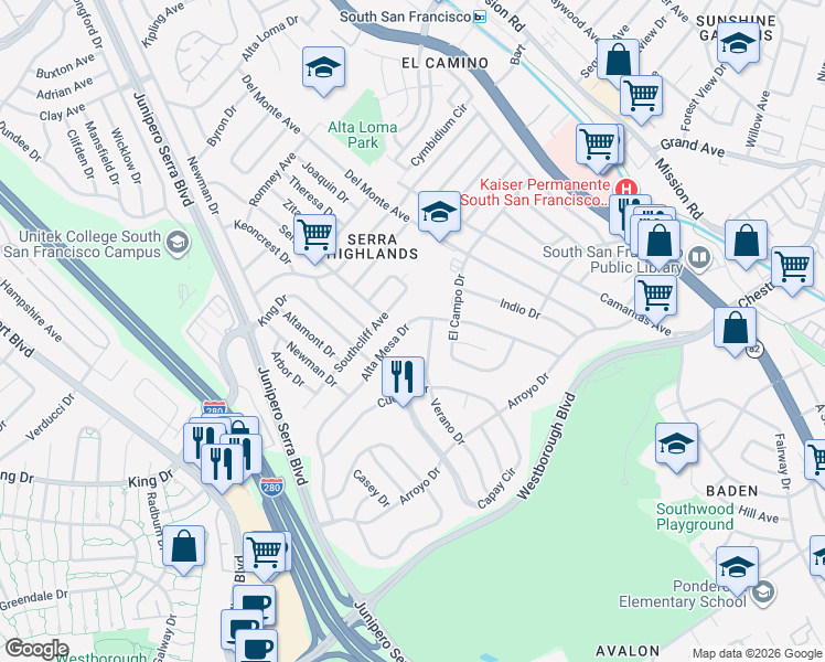 map of restaurants, bars, coffee shops, grocery stores, and more near 219 Alta Mesa Drive in South San Francisco