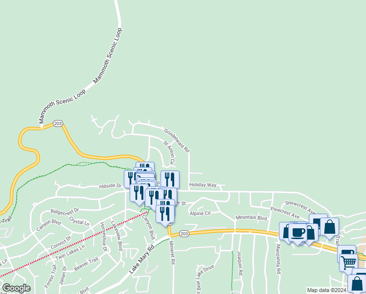 map of restaurants, bars, coffee shops, grocery stores, and more near 234 Grindelwald Rd in Mammoth Lakes