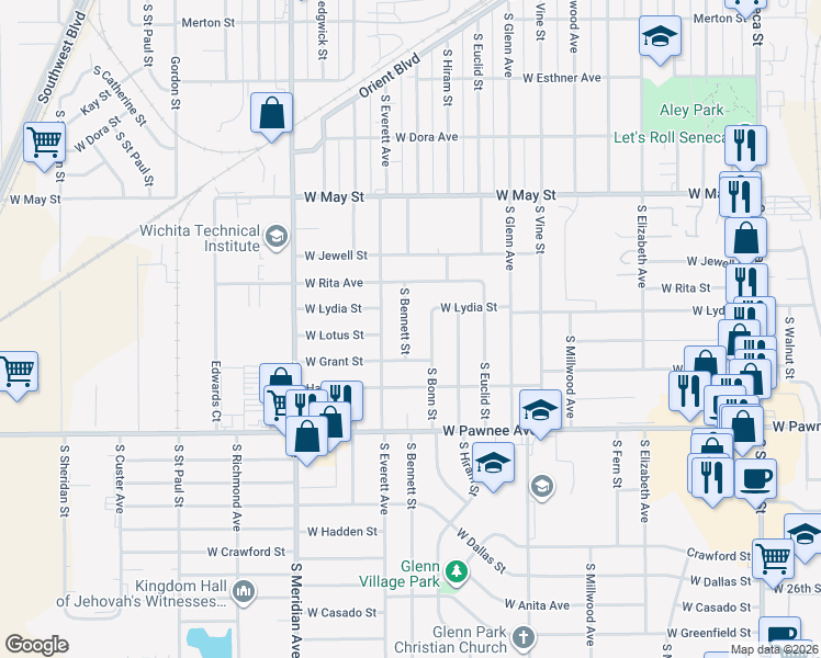 map of restaurants, bars, coffee shops, grocery stores, and more near 2210 South Bennett Street in Wichita