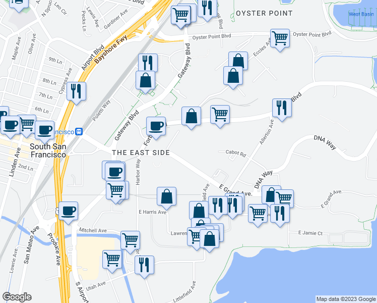 map of restaurants, bars, coffee shops, grocery stores, and more near 249 East Grand Avenue in South San Francisco