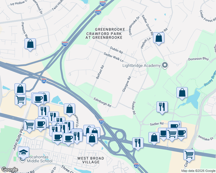 map of restaurants, bars, coffee shops, grocery stores, and more near 11471 Stanford Mill Road in Glen Allen