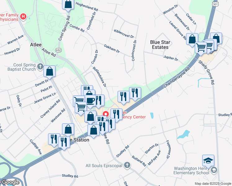 map of restaurants, bars, coffee shops, grocery stores, and more near 9254 Sedgehill Court in Mechanicsville