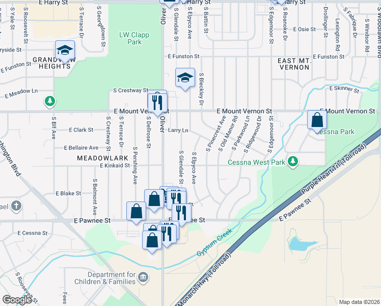 map of restaurants, bars, coffee shops, grocery stores, and more near 2171 Elpyco Street in Wichita