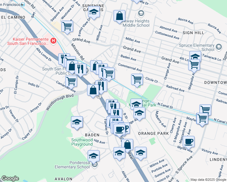 map of restaurants, bars, coffee shops, grocery stores, and more near 848 Antoinette Lane in South San Francisco