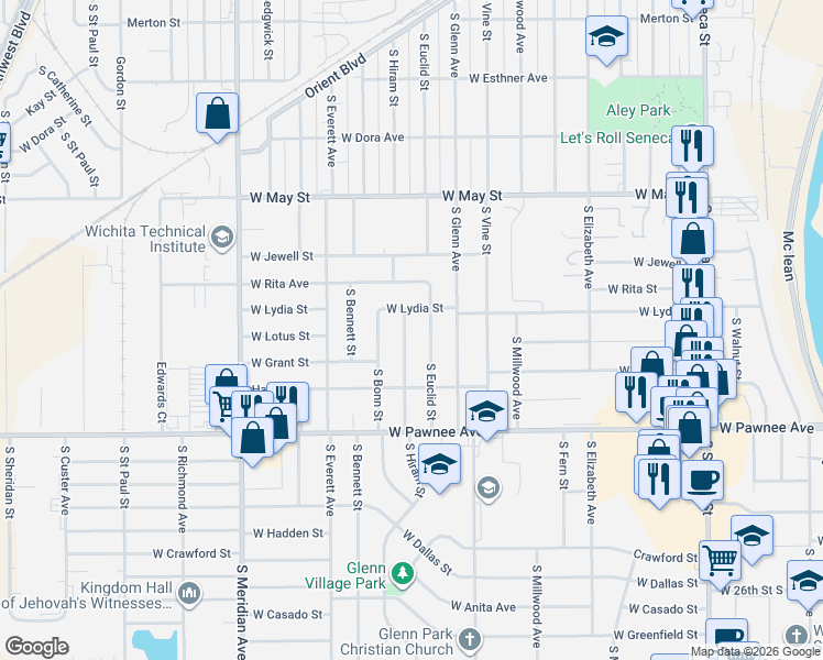 map of restaurants, bars, coffee shops, grocery stores, and more near 2219 South Euclid Street in Wichita