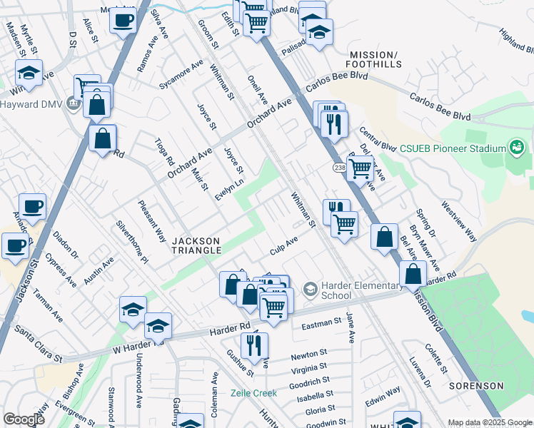 map of restaurants, bars, coffee shops, grocery stores, and more near 495 Berry Avenue in Hayward