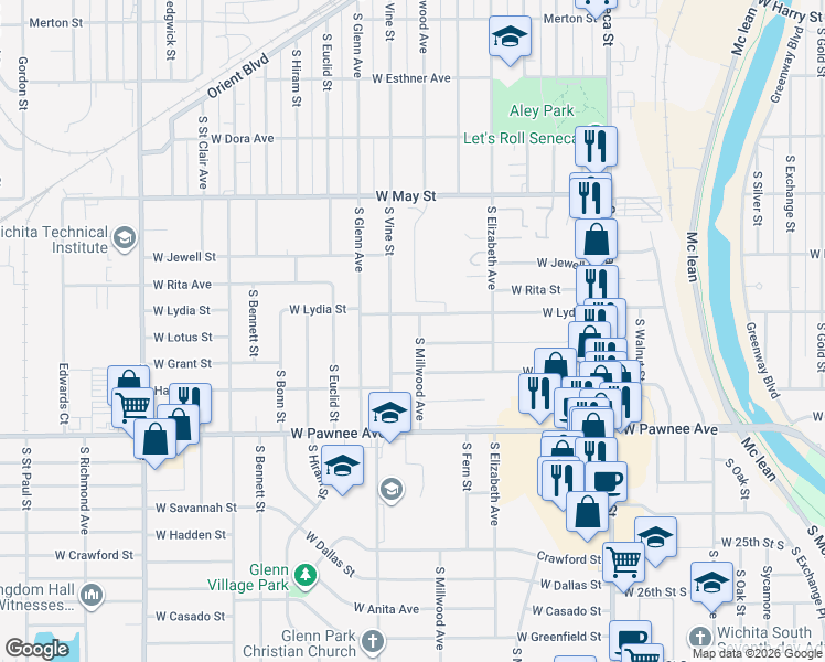 map of restaurants, bars, coffee shops, grocery stores, and more near 2221 South Millwood Avenue in Wichita