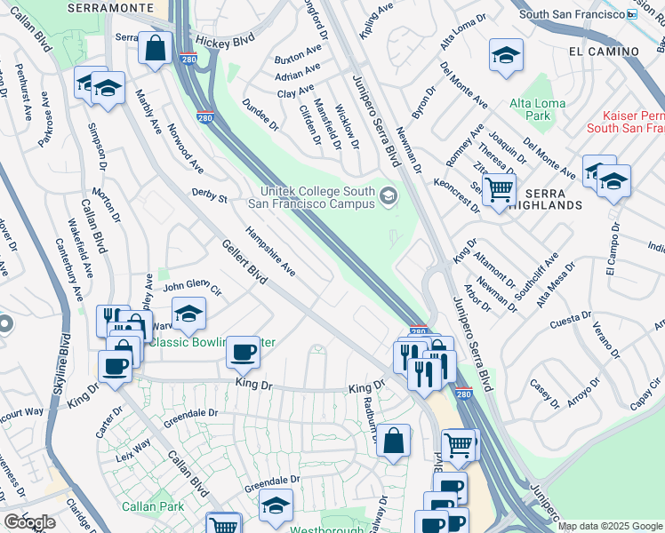 map of restaurants, bars, coffee shops, grocery stores, and more near 399 Barbara Lane in Daly City