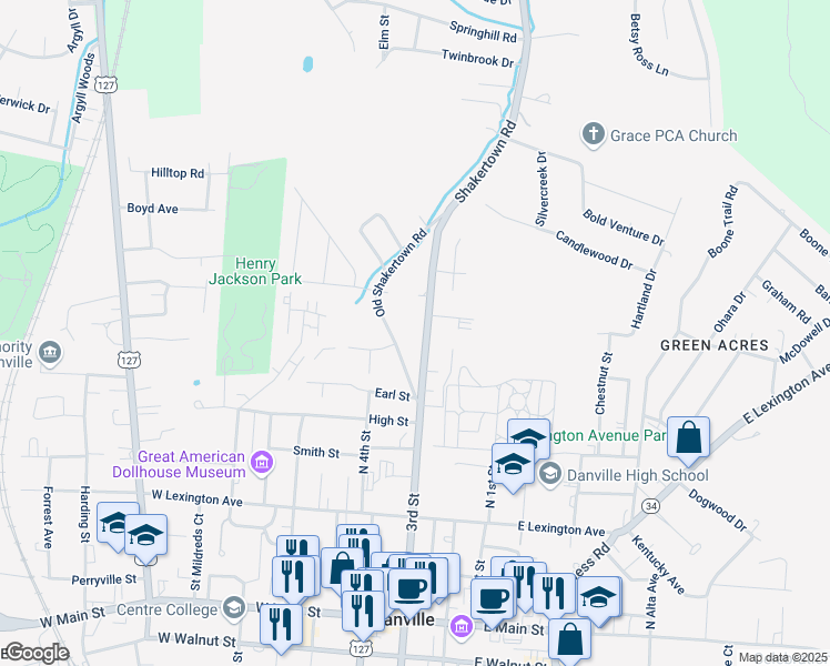 map of restaurants, bars, coffee shops, grocery stores, and more near 635 3rd Street in Danville