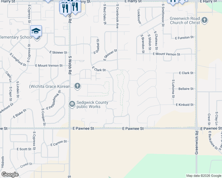 map of restaurants, bars, coffee shops, grocery stores, and more near 2117 South Stoneybrook Street in Wichita