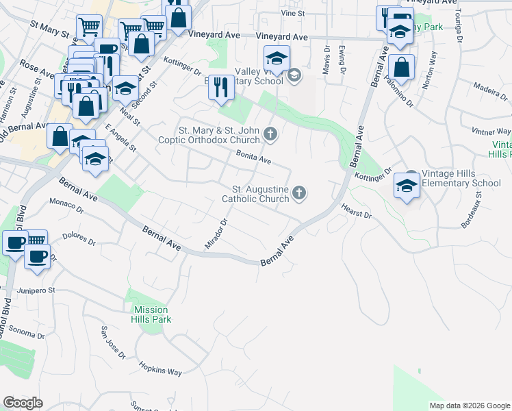map of restaurants, bars, coffee shops, grocery stores, and more near 801 East Angela Street in Pleasanton