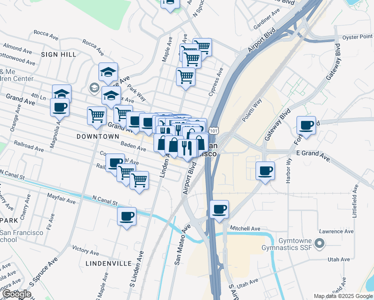 map of restaurants, bars, coffee shops, grocery stores, and more near 207 Grand Avenue in South San Francisco