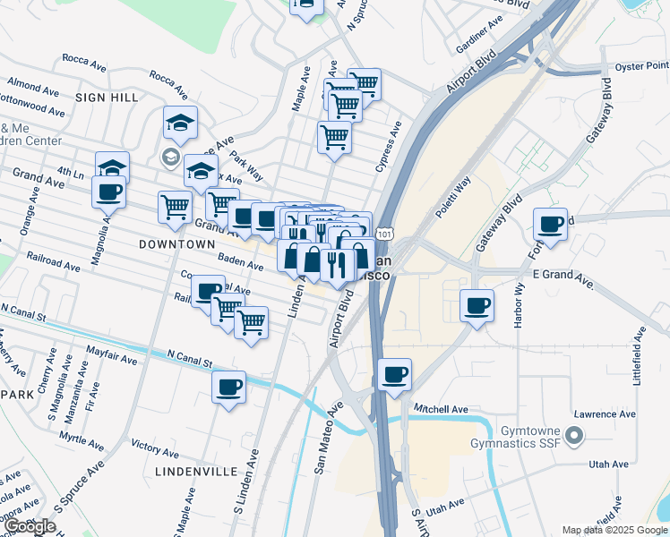 map of restaurants, bars, coffee shops, grocery stores, and more near 207 Grand Avenue in South San Francisco