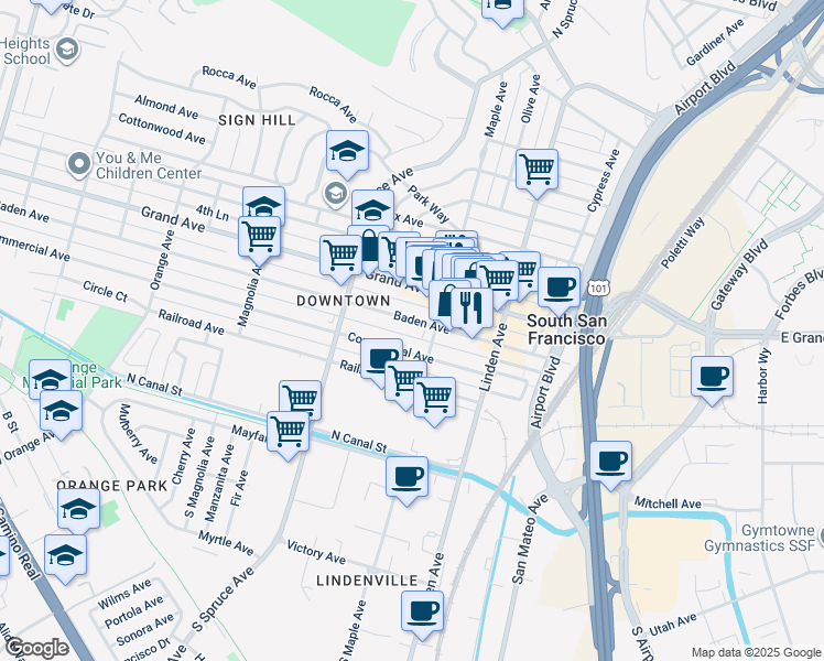map of restaurants, bars, coffee shops, grocery stores, and more near 408 2nd Lane in South San Francisco
