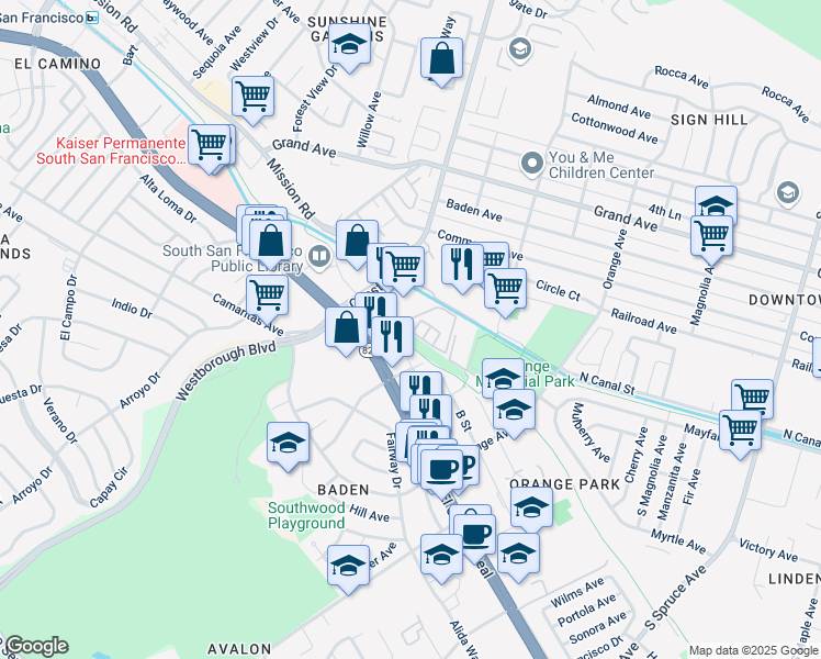 map of restaurants, bars, coffee shops, grocery stores, and more near 848 Antoinette Lane in South San Francisco