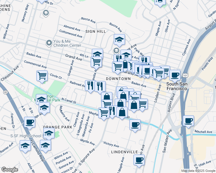 map of restaurants, bars, coffee shops, grocery stores, and more near 527 Commercial Avenue in South San Francisco