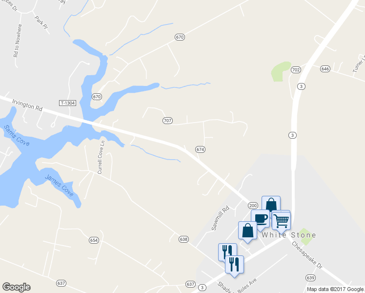 map of restaurants, bars, coffee shops, grocery stores, and more near 5709 Irvington Road in White Stone