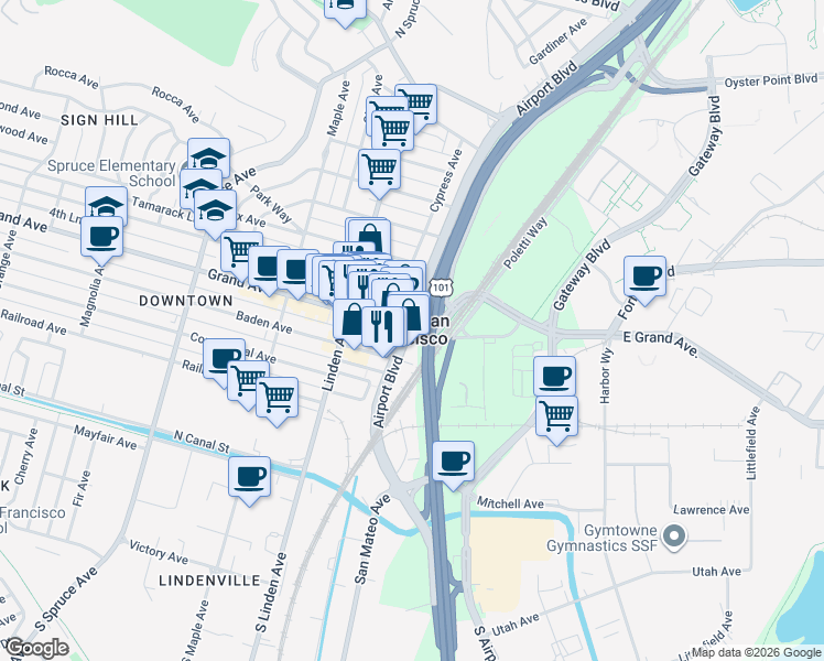 map of restaurants, bars, coffee shops, grocery stores, and more near 296 Airport Boulevard in South San Francisco