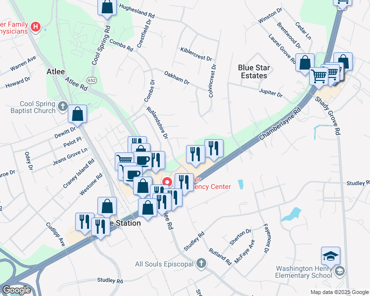 map of restaurants, bars, coffee shops, grocery stores, and more near 9254 Sedgehill Court in Mechanicsville