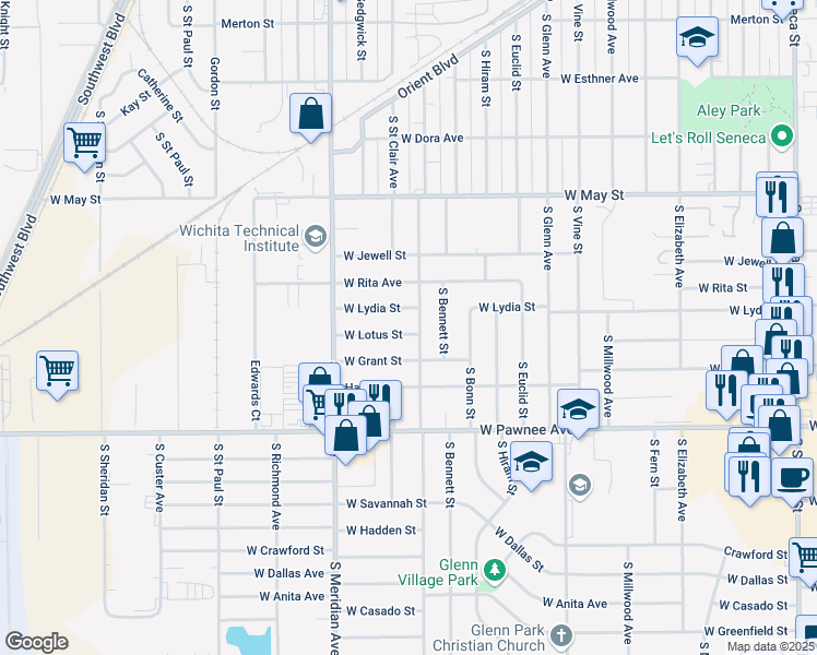 map of restaurants, bars, coffee shops, grocery stores, and more near 2210 West Lotus Street in Wichita