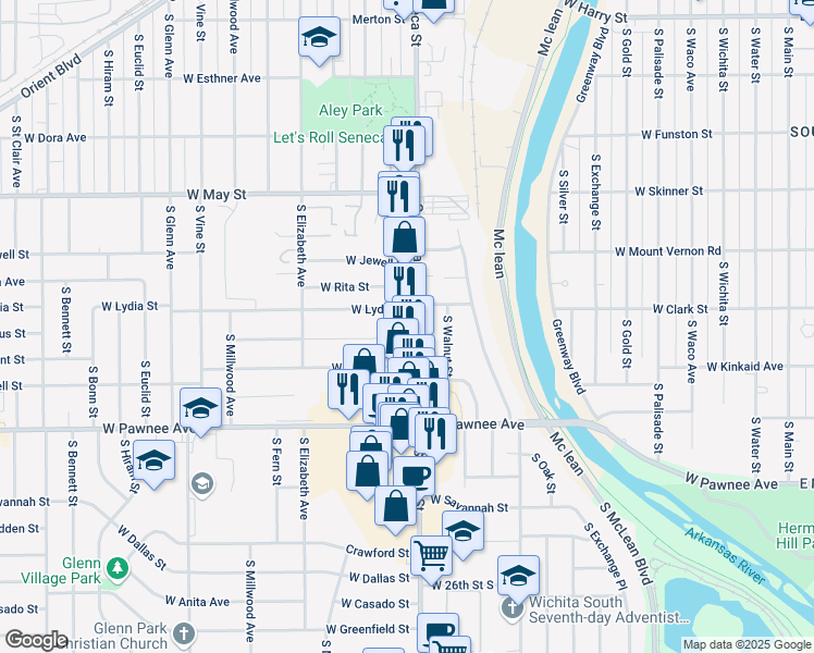 map of restaurants, bars, coffee shops, grocery stores, and more near 2217 South Seneca Street in Wichita