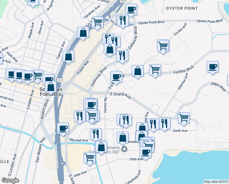 map of restaurants, bars, coffee shops, grocery stores, and more near 213 East Grand Avenue in South San Francisco