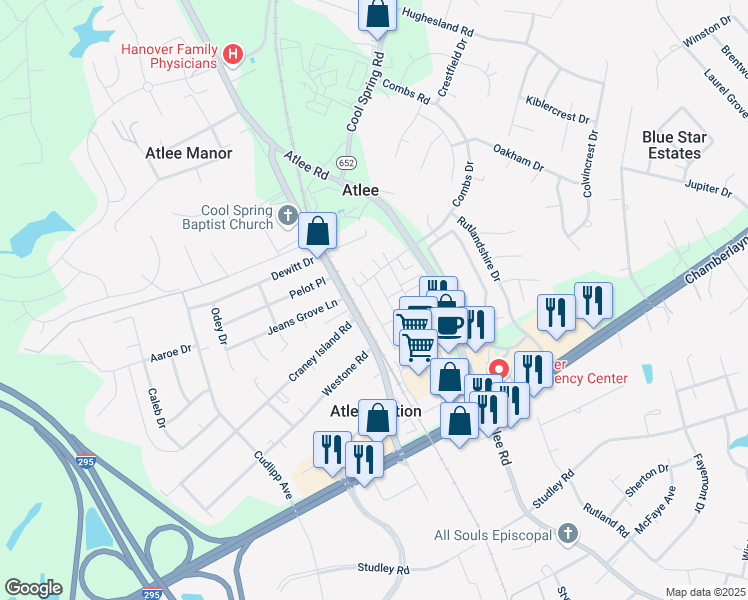 map of restaurants, bars, coffee shops, grocery stores, and more near in Mechanicsville
