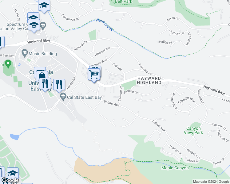map of restaurants, bars, coffee shops, grocery stores, and more near 26993 Hayward Boulevard in Hayward