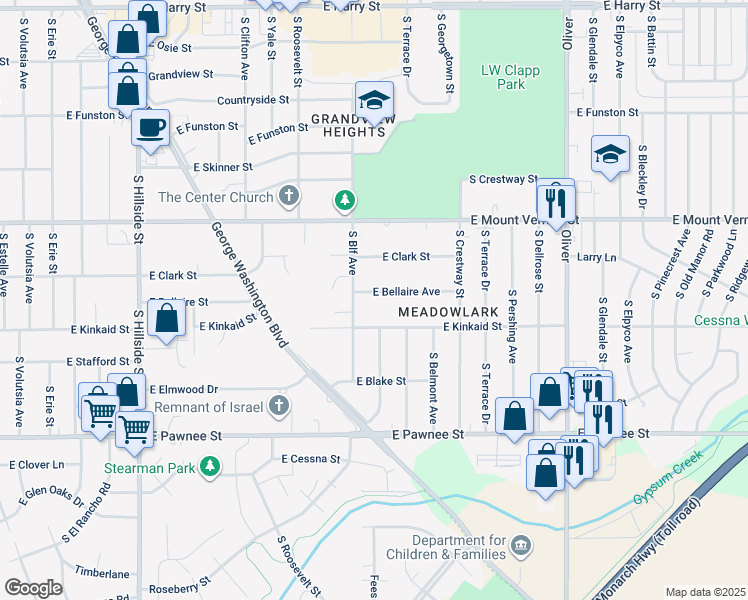 map of restaurants, bars, coffee shops, grocery stores, and more near 4101 East Bellaire Street in Wichita