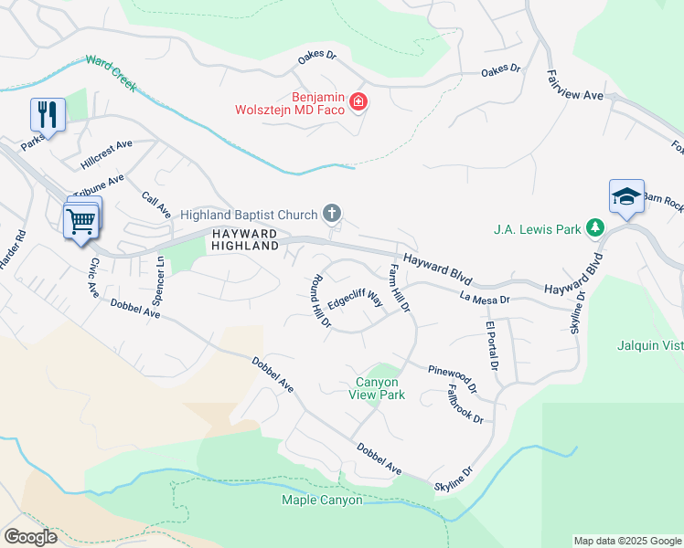 map of restaurants, bars, coffee shops, grocery stores, and more near 27786 Pleasant Hill Court in Hayward