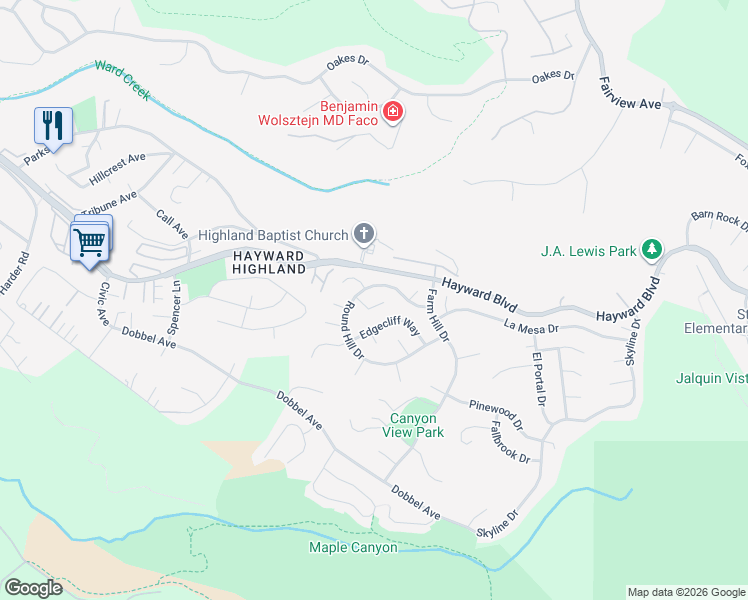 map of restaurants, bars, coffee shops, grocery stores, and more near 27786 Pleasant Hill Court in Hayward