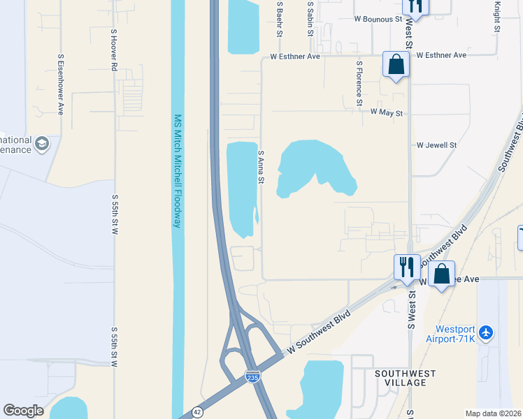 map of restaurants, bars, coffee shops, grocery stores, and more near 2102 South Anna Street in Wichita