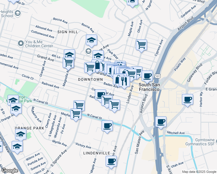 map of restaurants, bars, coffee shops, grocery stores, and more near 408 2nd Lane in South San Francisco