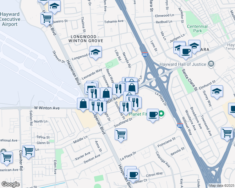 map of restaurants, bars, coffee shops, grocery stores, and more near 828 Bluefield Lane in Hayward