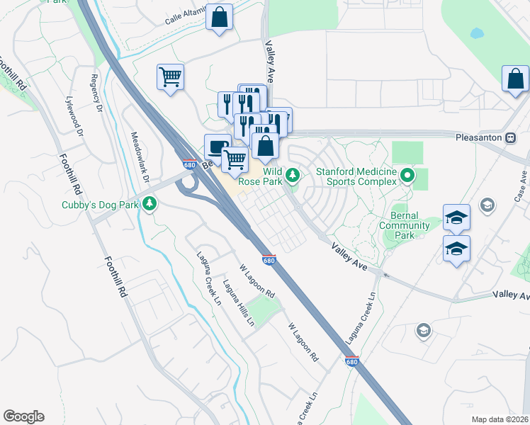 map of restaurants, bars, coffee shops, grocery stores, and more near 1360 Brookline Loop in Pleasanton