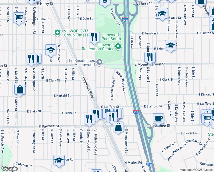 map of restaurants, bars, coffee shops, grocery stores, and more near 2156 South Kansas Street in Wichita