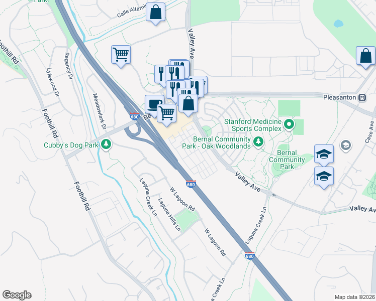 map of restaurants, bars, coffee shops, grocery stores, and more near 1360 Brookline Loop in Pleasanton