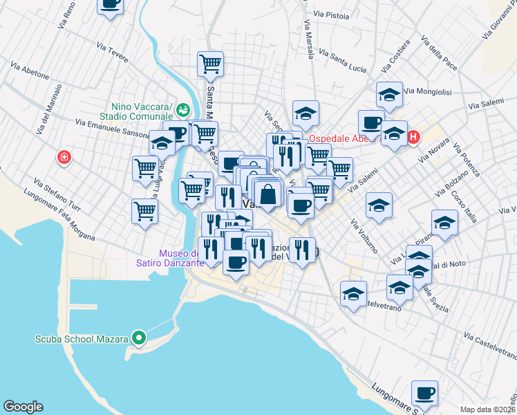 map of restaurants, bars, coffee shops, grocery stores, and more near 70 Via Tenente G. Romano in Mazara del Vallo