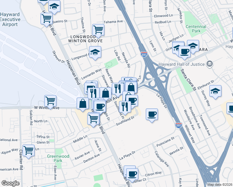 map of restaurants, bars, coffee shops, grocery stores, and more near 828 Bluefield Lane in Hayward