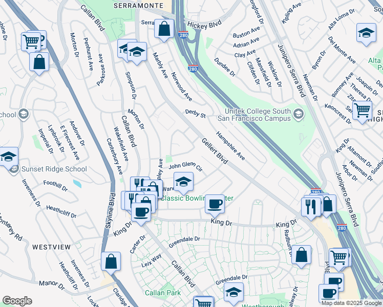 map of restaurants, bars, coffee shops, grocery stores, and more near 86 Lycett Circle in Daly City
