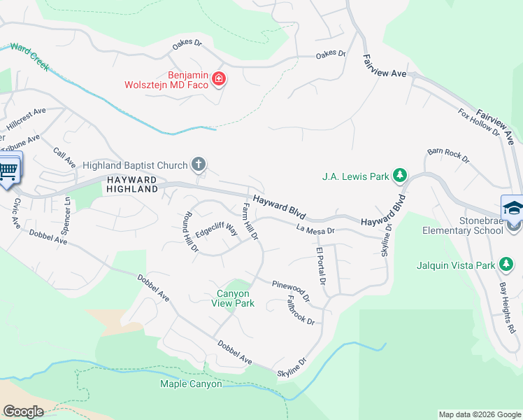 map of restaurants, bars, coffee shops, grocery stores, and more near 27880 Pebble Court in Hayward