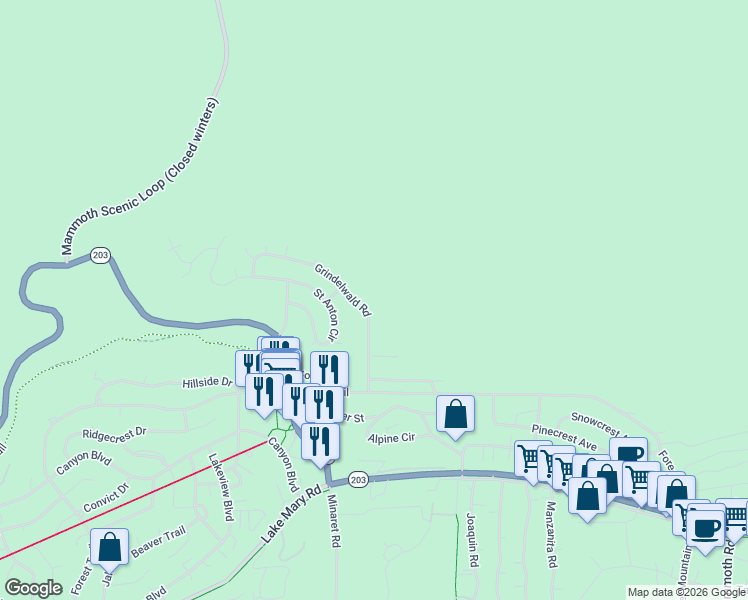 map of restaurants, bars, coffee shops, grocery stores, and more near 200-234 Grindelwald Rd in Mammoth Lakes