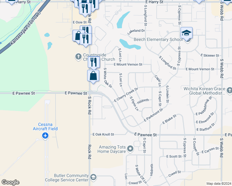 map of restaurants, bars, coffee shops, grocery stores, and more near South White Oak Drive in Wichita