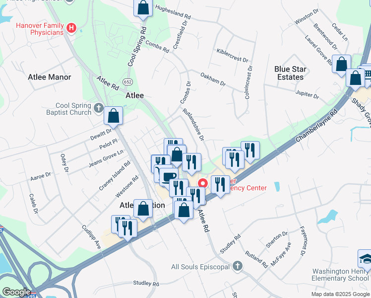 map of restaurants, bars, coffee shops, grocery stores, and more near 8165 Belton Circle in Mechanicsville