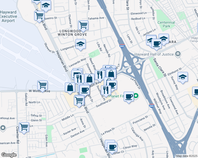 map of restaurants, bars, coffee shops, grocery stores, and more near 828 Bluefield Lane in Hayward