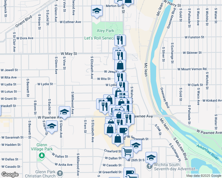 map of restaurants, bars, coffee shops, grocery stores, and more near 1313 West Lydia Street in Wichita