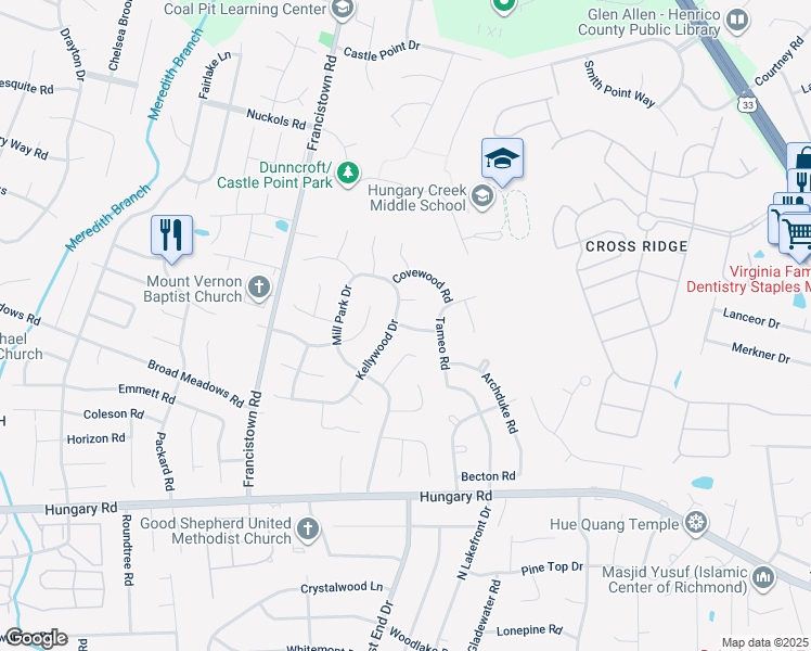 map of restaurants, bars, coffee shops, grocery stores, and more near 9008 Runyon Drive in Glen Allen