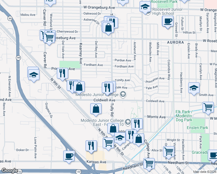 map of restaurants, bars, coffee shops, grocery stores, and more near in Modesto