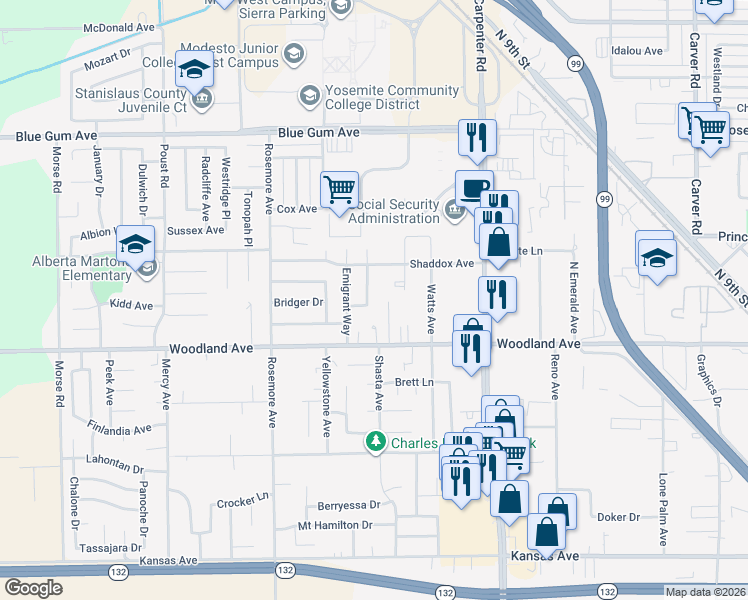 map of restaurants, bars, coffee shops, grocery stores, and more near 1808 Brendler Way in Modesto
