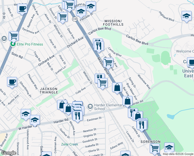 map of restaurants, bars, coffee shops, grocery stores, and more near 25426 Parklane Drive in Hayward